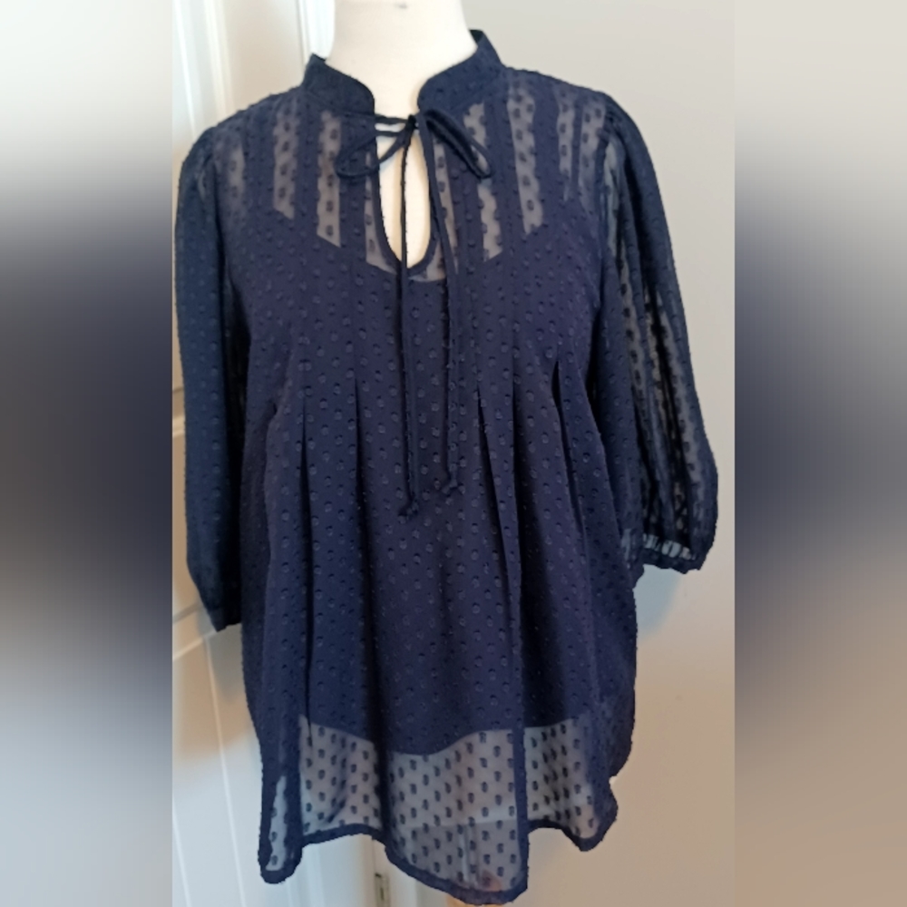 Danielrainn 2 piece blouse. SZ SMALL Navy with sheer dotted Swiss with cami.